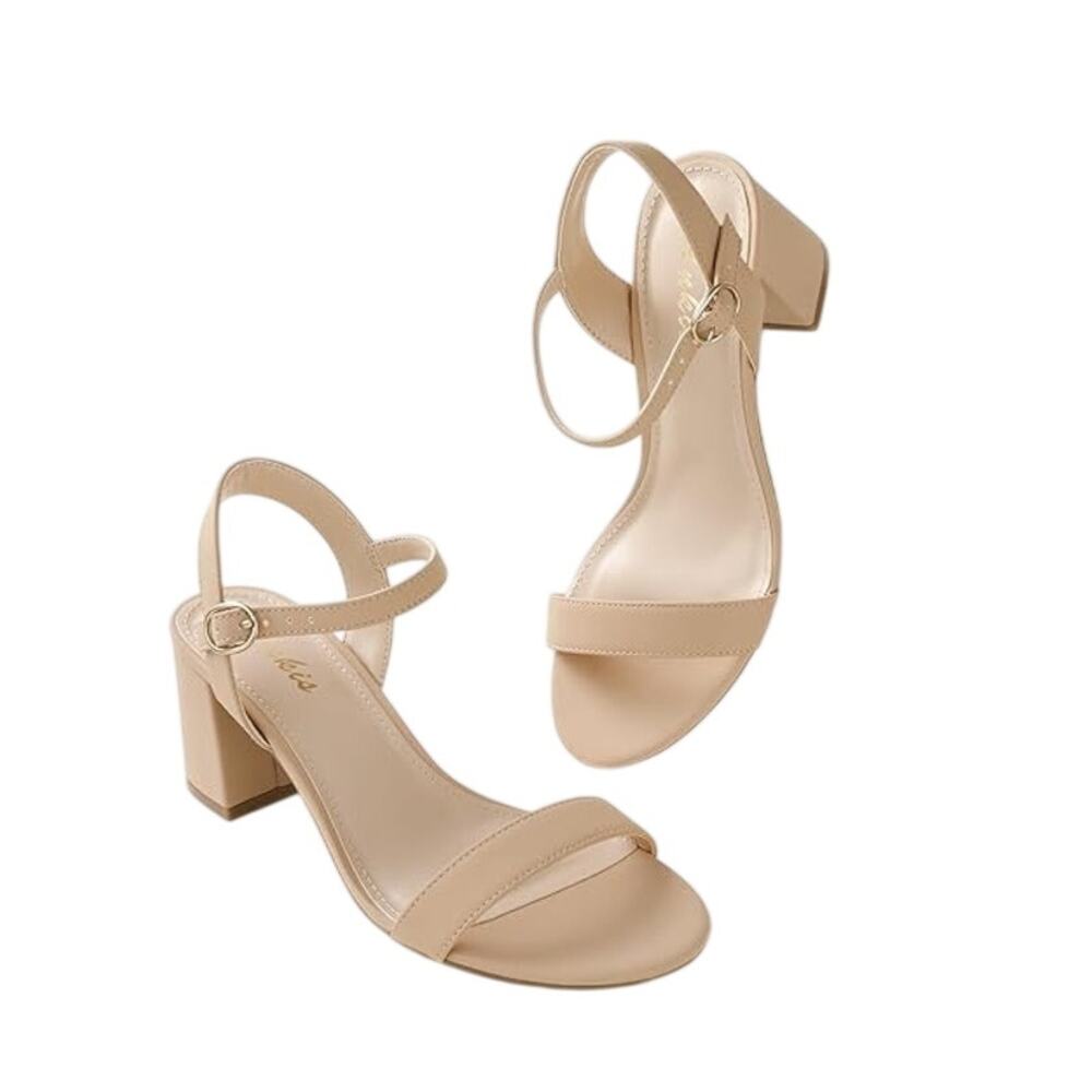 Ankis Womens Size 8 Tan Nude 2.5" Block Heels Open Round Toe Ankle Strap Shoes - Picture 4 of 5